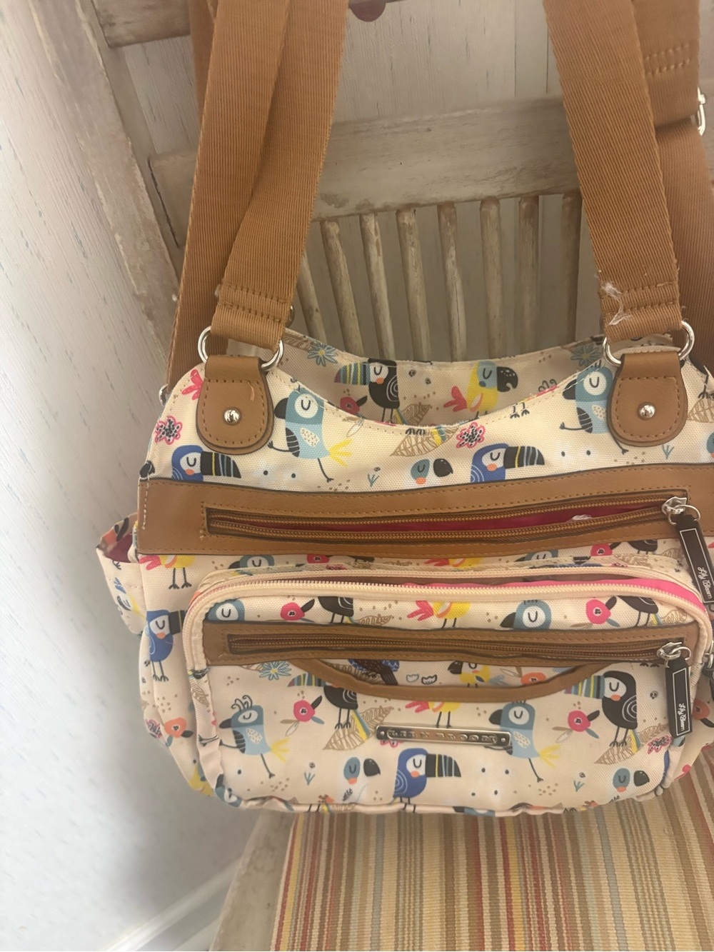 Lily Bloom Cream Shoulder Bag with Multicolor Bird Print and Tan Trim